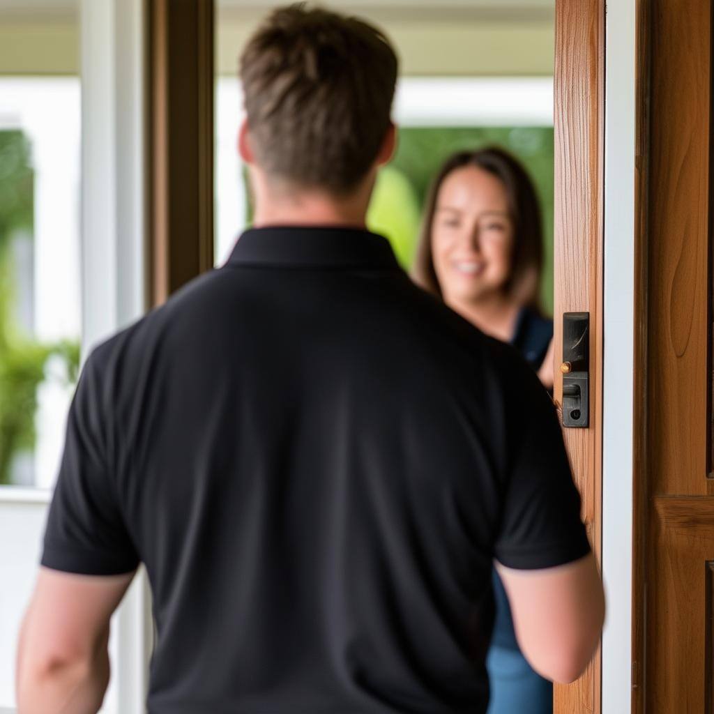 photo of man in black polo shirt from the back greeting a customer opening their front door for him