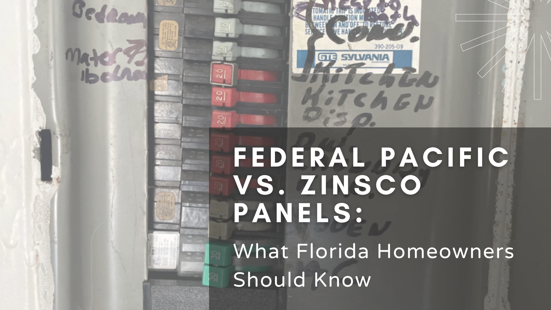 Close-up of an older residential electrical panel with labeled breakers, featuring text overlay reading “Federal Pacific vs. Zinsco Panels: What Florida Homeowners Should Know”