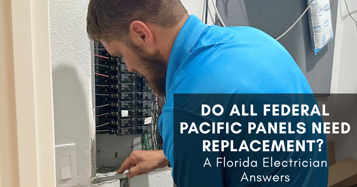 Florida electrician wearing a blue shirt working on electrical panel