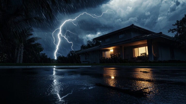 Surge Protection, lightning storm near a house at dark