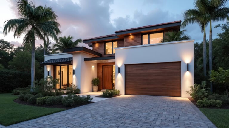 Outdoor Lighting on modern house with palm trees in the evening